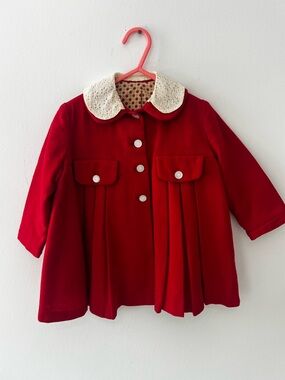 Vintage Girls' wool  Pea Coat button  down with Lace Collar dress